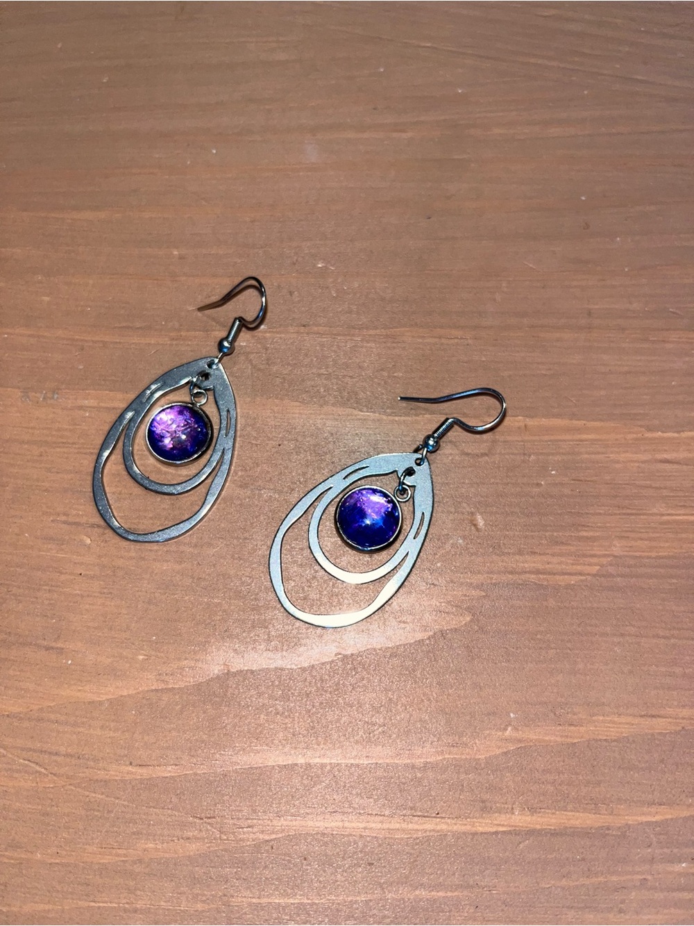 Handmade silver metal purple earrings, hook ear wires classic handmade design